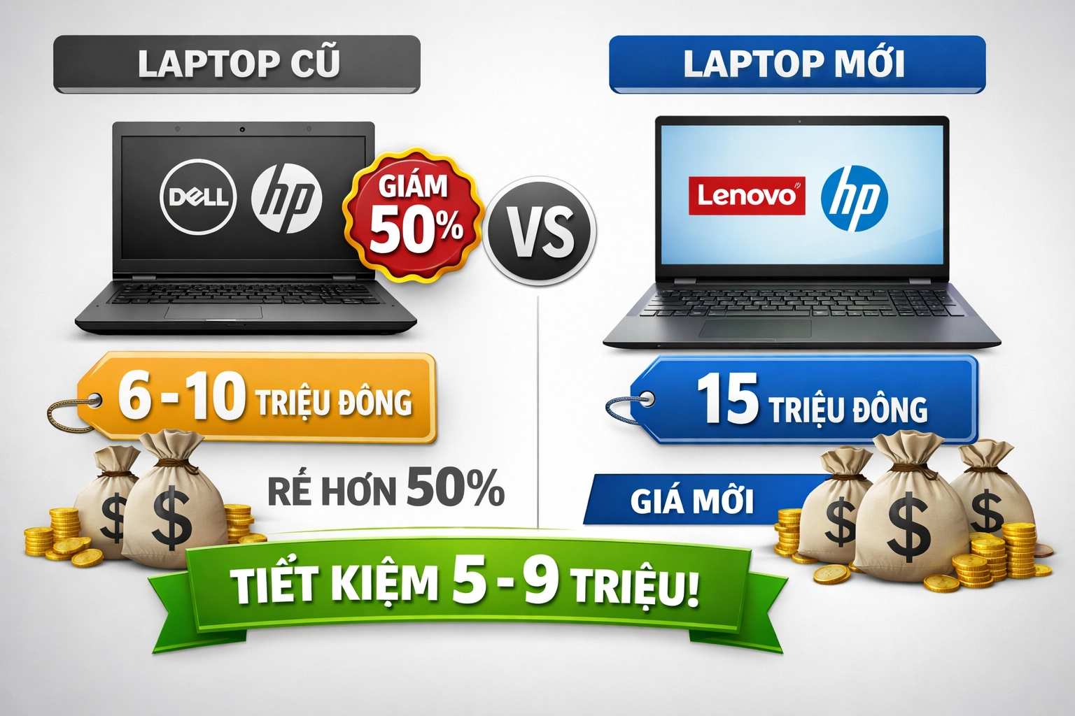 Hình 1: So sánh giá laptop cũ vs mới - Tiết kiệm đến 50%